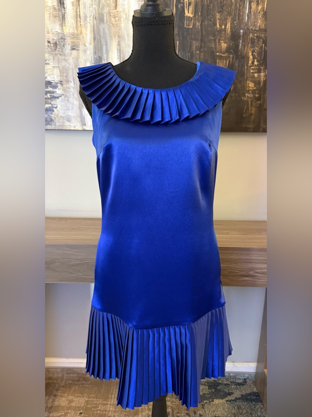 Vintage Betsey Johnson Royal Blue Satin Dress Pleated Collar Drop Waist Mini 4
